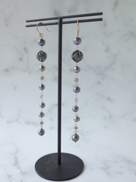 淡水パールとダイヤのロングピアス